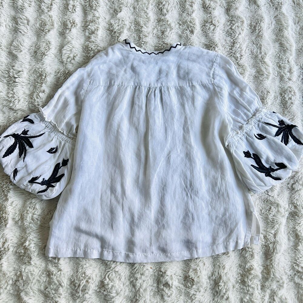 Chico's White & Blue Linen Blend Floral Puff Sleeve Boho Lagenlook Blouse Sz 16 - Picture 7 of 10